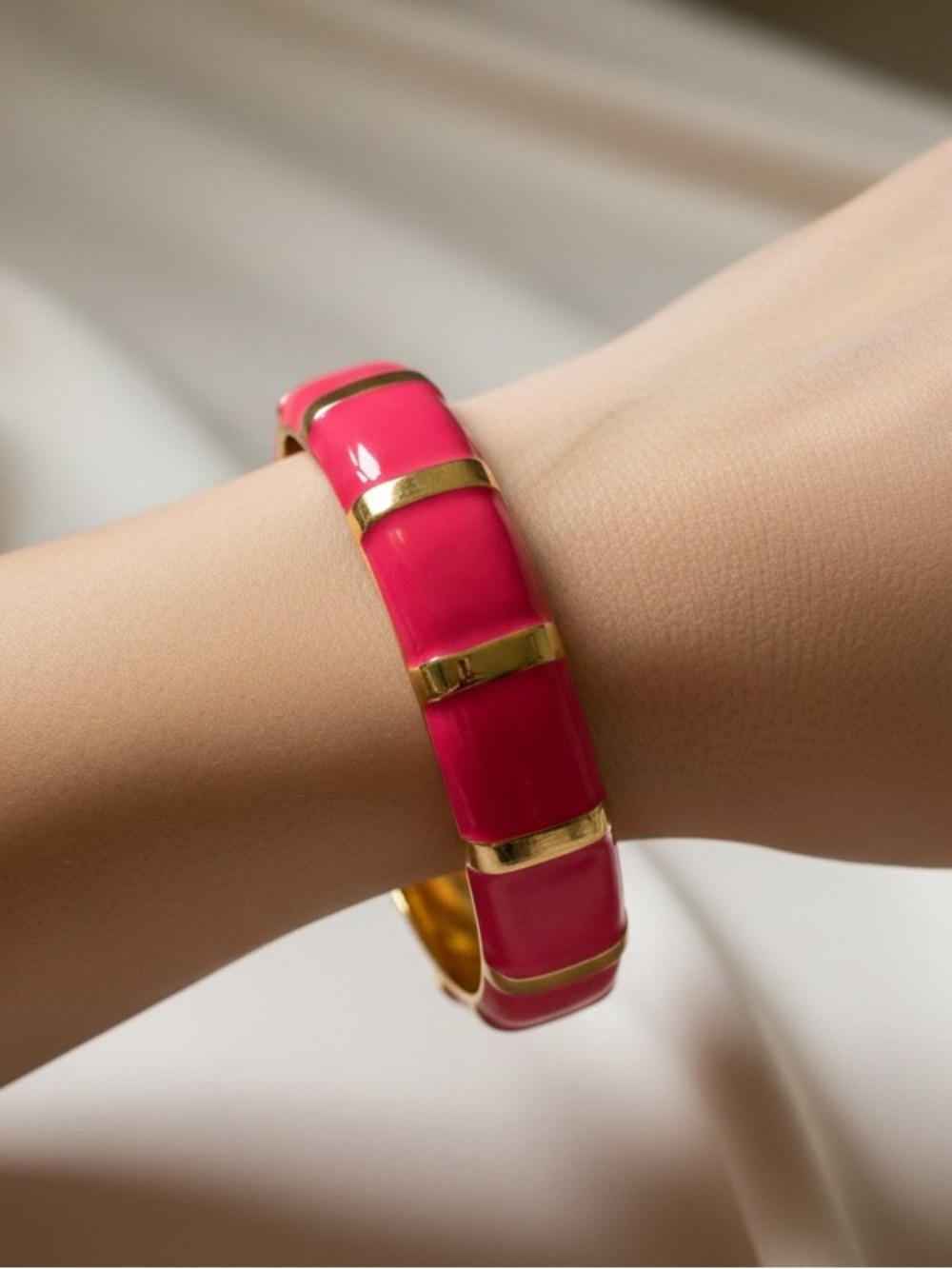 Gold-Trim Hot Pink Enamel Hinged Bangle Bracelet - Women Jewelry